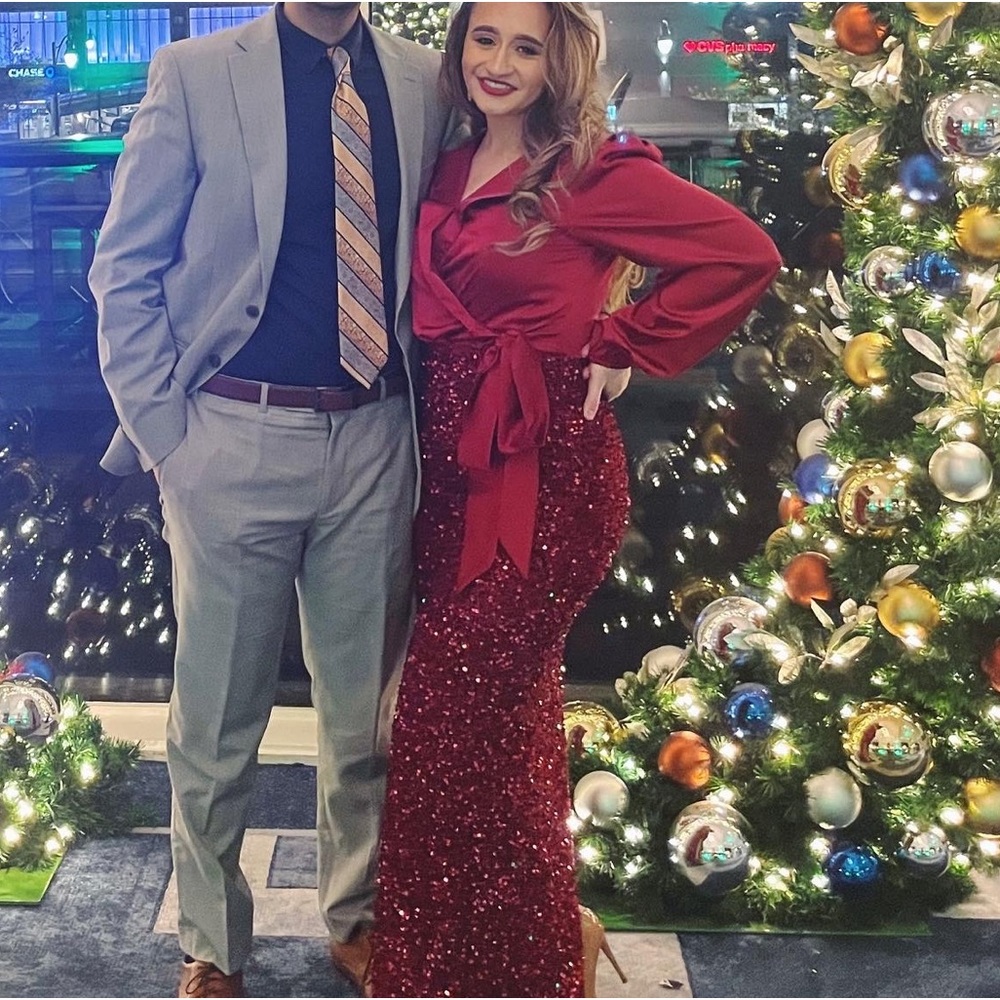 Red satin and bedazzled formal dress